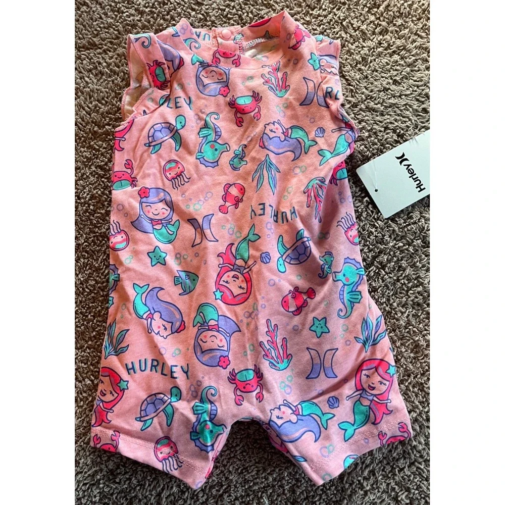 Hurley Baby Girls 3M Pink Mermaid Sea Life Print Cotton Bodysuit Romper NWT